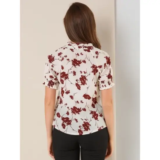 Allegra K Women's Ruffle Tie V Neck Casual Smocked Short Sleeve Floral Top Blouse image {4}