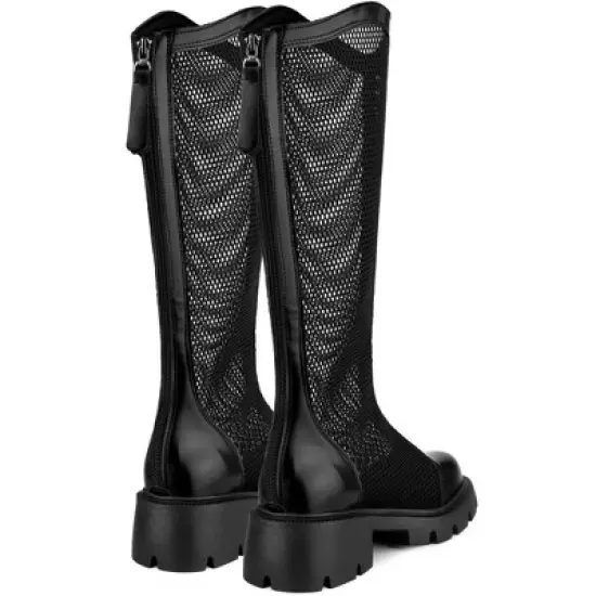 Allegra K Women's Mesh Round Toe Back Zip Chunky Heels Knee High Boots image {5}