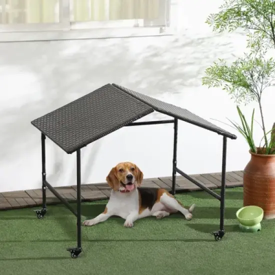 PawHut Wicker Dog Shelter with Wheels, Portable Outdoor Animal Shelter for Small and Medium Sized Dogs, Dark Brown image {1}