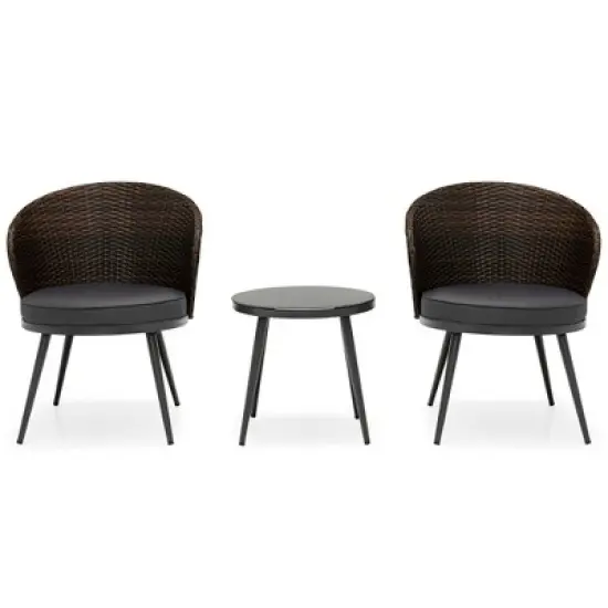 Costway 3PCS Patio Rattan Bistro Furniture Set Cushioned Chair Table Garden image {8}