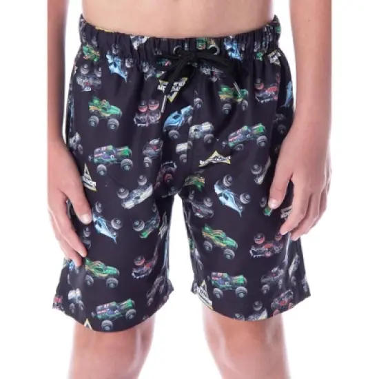 Monster Jam Boys' Dragon Zombie Grave Digger Megalodon Allover Swim Trunks Black image {7}