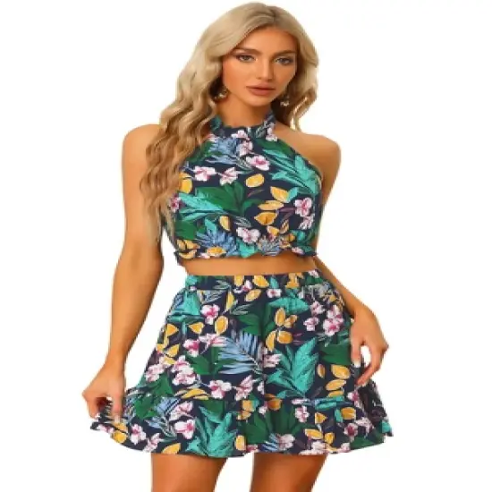 Allegra K Women's 2 Piece Outfits Floral Halter Neck Sleeveless Crop Top with Short Skirt Set image {5}