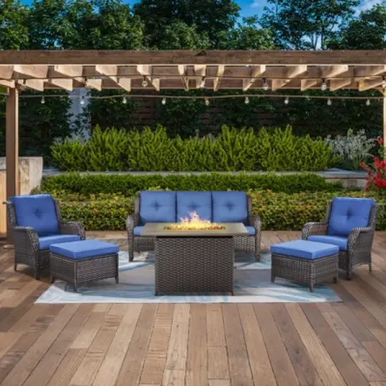 POCASSY 6-Piece Outdoor Furniture Set with 50000BTU Propane Fire Pit, All Weather Wicker Patio Fire Pit Table Set with 3-Seater Sofa and Club Chair image {13}