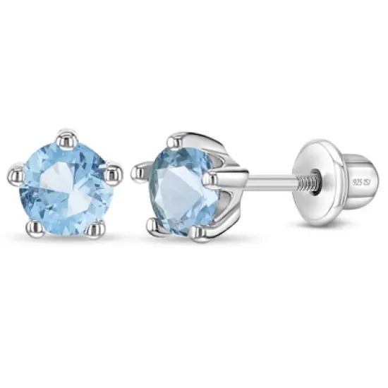 Girl's Classic CZ Birthstone Solitaire Screw Back Sterling Silver Earrings - In Season Jewelry image {9}