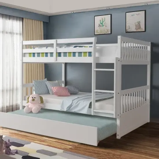 Costway Full over Full Bunk Bed Platform Wood Bed w/ Trundle & Ladder Rail Brown/White image {2}