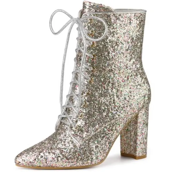 Allegra K Women's Glitter Pointed Toe Block Heel Ankle Boots image {12}