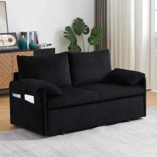 VASIP 64" 3-in-1 Beige Corduroy Sleeper Sofa Bed- Adjustable Pullout Bed with 2 Pillows and Side Pockets,for Living Room，Apartment，Office，Bedroom image {12}