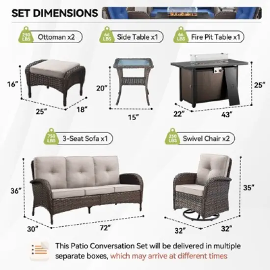 Buenhomino 7PCS Patio Conversation Set Brown Wicker Swivel Patio Chair Sofa Ottoman Set with Side Table and Fire Table PE Rattan Furniture Set image {2}