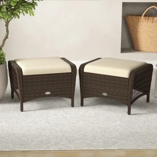 Tangkula 2 Pieces Outdoor Patio PE Wicker Ottomans w/ Removable Cushions Footstools image {1}