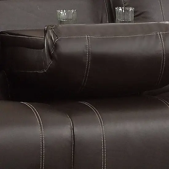 Leather Double Reclining Sofa with Drop Down Cup Holders Brown - Benzara image {2}