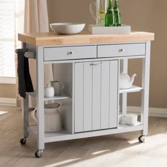 Hayward Coastal and Farmhouse Natural Wood Kitchen Cart White, Light Brown - Baxton Studio image {2}
