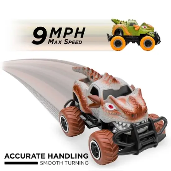 Best Choice Products Set of 2 1/43 Scale 27MHz Toy Dinosaur RC Cars w/ 2 Controllers, 9mph Max Speed image {3}