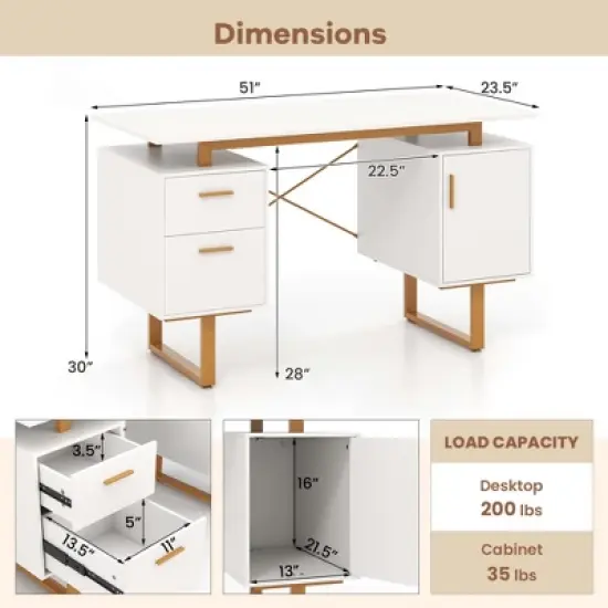 Costway 51" Home Office Desk with Floating Desktop Dual Drawers Cabinet & Metal Frame image {2}