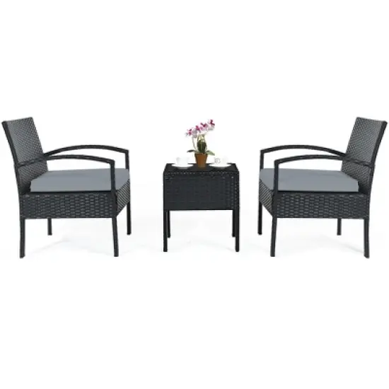 Costway 3PCS Patio Rattan Furniture Set Coffee Table Conversation Sofa Outdoor Cushioned Gray image {9}