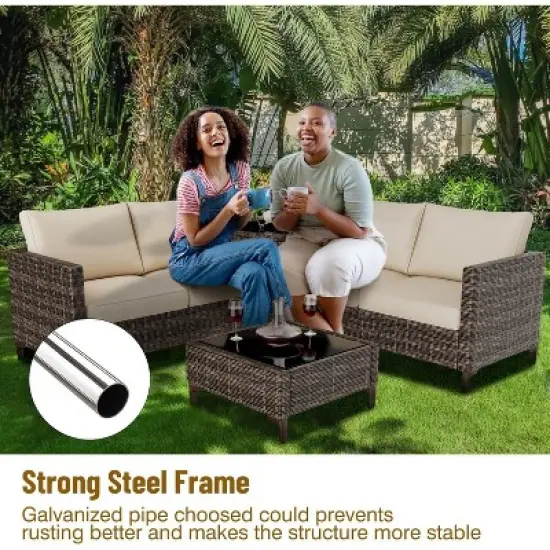 Acekool 4 Piece Black PE Wicker Patio Furniture Set with Storage Table, Sectional Conversation Sofa, Glass Top & Beige Cushions for Outdoor Spaces image {2}