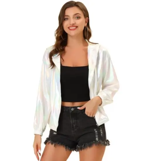 Allegra K Women's Holographic Shiny Long Sleeve Zipper Hooded Metallic Jacket image {12}
