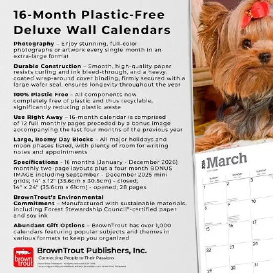 BrownTrout For the Love of Yorkshire Terriers 2026 14"x24" Hanging Deluxe Wall Calendar Plastic-Free image {5}