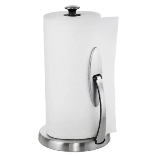 OXO Simply Tear Paper Towel Holder: Freestanding Black Kitchen Roll Holder, Stainless Steel & Rubber, 13.25" Height image {1}