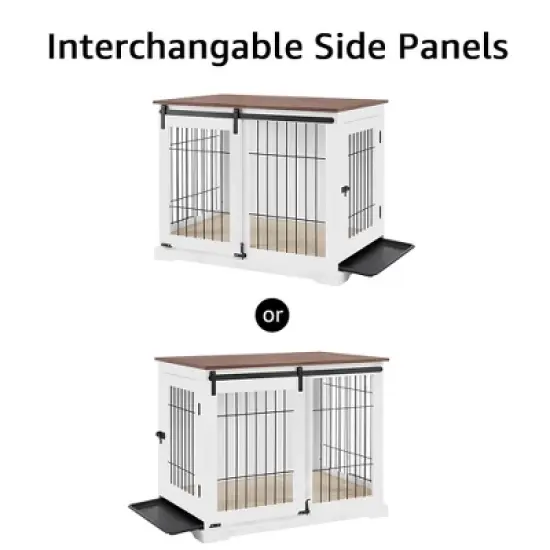 unipaws Wooden Dog Crate &ndash; Sliding Barn Door, Double Doors, Tray & Cushion image {7}