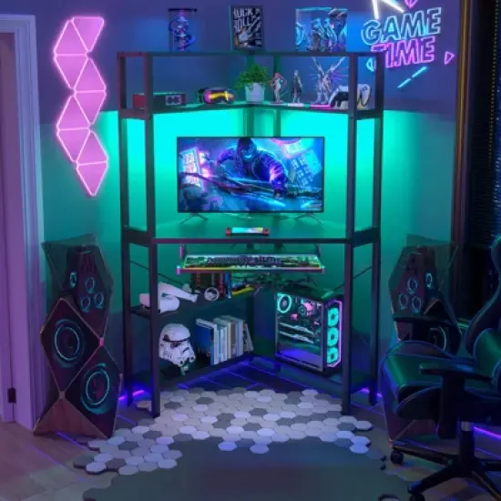 Aheaplus Corner Computer Desk with Hutch, Gaming Desk with Keyboard Tray for Home Office image {1}