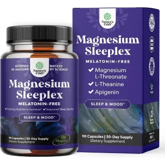 Magnesium Sleeplex Capsules, High Absorption Supplement with Magnesium Threonate, L-Theanine & Apigenin for Calming Sleep, Nature's Craft, 90ct image {5}