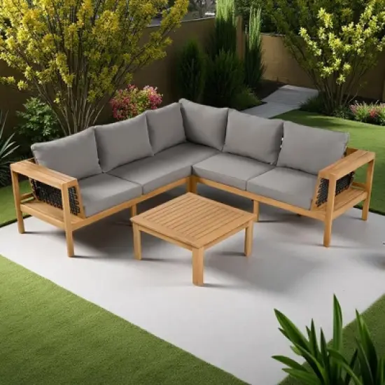 4-Pieces Outdoor Acacia Wood L-Shaped Sectional Sofa Set with Coffee Table and Arm Side Table image {11}