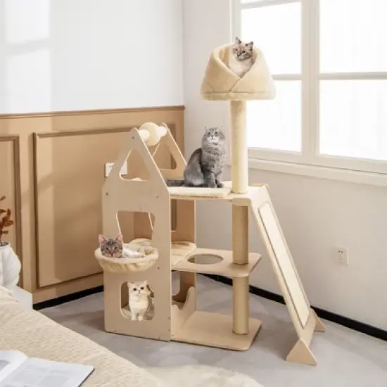 Tangkula 52" Tall Cat Tree w/ Scratching Post Ball & Board Plush Condo Padded Perch image {2}