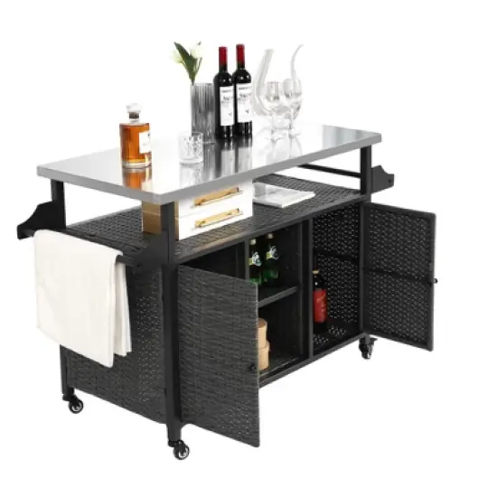 Outdoor Kitchen Wicker Island Rolling Cart & Storage Cabinet, Wheels and Stainless Steel Extended Table Top Grey image {3}