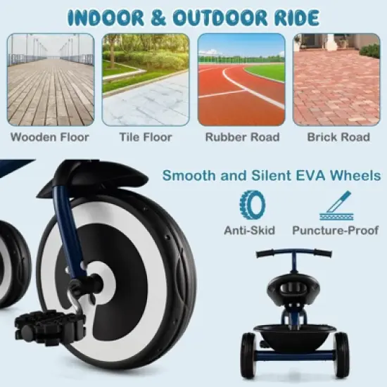 Babyjoy Toddler Tricycle Kids Trike with Adjustable Seat Front & Rear Storage Baskets Navy/White/Pink image {6}