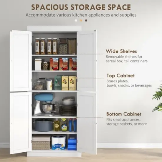 Gulches 72.5"H Freestanding Kitchen Pantry Cabinet - 4 Doors, 2 Adjustable Shelves, 6-Tier Storage, Magnetic Catches, White Wood Grain, 30"W x16"D image {5}