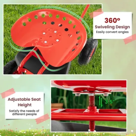 Tangkula Rolling Garden Cart Scooter w/ Adjustable Seat Storage Basket Tray Red image {6}