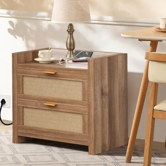 Night Stand Set of 2 Rattan Nightstands with Charging Station 23.6" Wide Boho Bedside Tables with 2 Drawers Modern Larger Nightstands, Brown image {5}