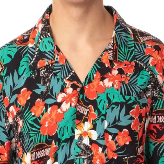 Jurassic Park Men's Velociraptor Dinosaur Floral Hawaiian Button Up Shirt image {3}