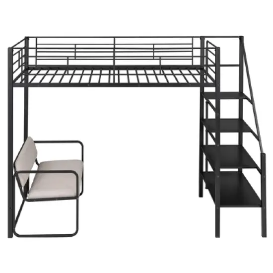Twin Size Metal Loft Bed with Bench and Storage Staircase, Black-ModernLuxe image {5}