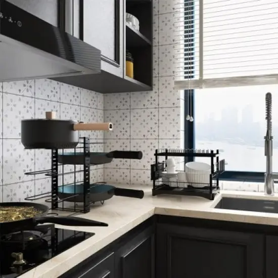 MaseiKar 8 Tier Pot and Pan Organizer Rack for Cabinet With 3 DIY Methods, Adjustable Organizer for Pots, Pans and Lids with Utensil Holders image {2}