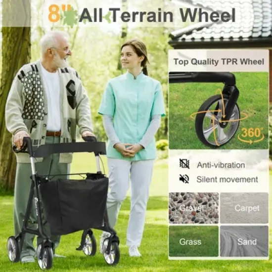 Whlicks Foldable Rollator Walkers with Seat for Seniors,  Adjustable Handles Height, 330 lbs Weight Capacity, Lightweight Rolling Walker, Black image {2}