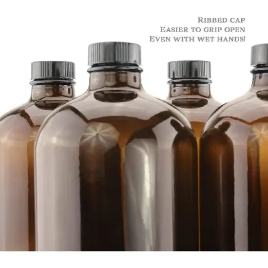 Cornucopia Brands-32oz Glass Growler Jugs Amber with Black Phenolic Lids 4pk image {2}