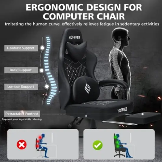 Hoffree Leather Massage Gaming Chair Ergonomic Office PC Chair with Footrest & Adjustable image {4}