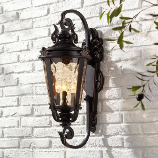 John Timberland Casa Marseille Vintage Rustic Outdoor Wall Light Fixture Bronze Scroll 27 1/2" Hammered Glass for Post Exterior Barn Deck House Porch image {1}