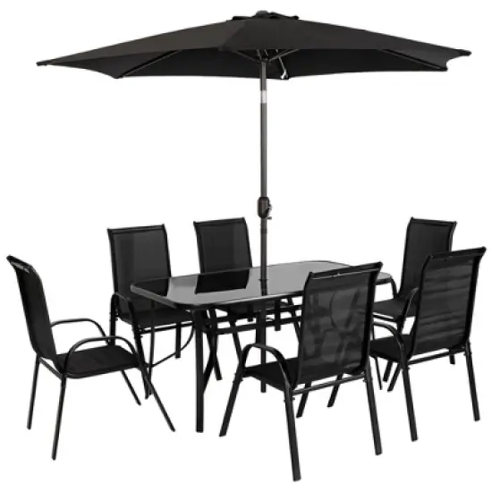 Outsunny 8 Piece Patio Furniture Set with Umbrella, Outdoor Dining Table and Chairs, 6 Chairs, Push Button Tilt and Crank Parasol, Glass Top image {3}