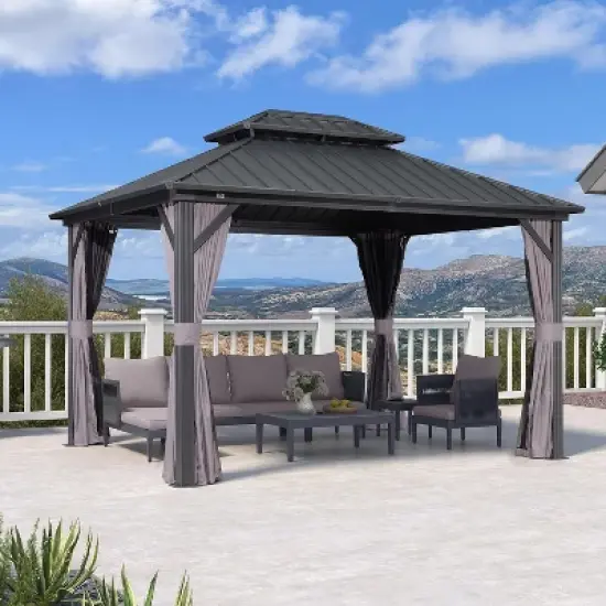 PURPLE LEAF Permanent Hardtop Gazebo Aluminum Frame Gazebo with Galvanized Steel Double Roof, UV-Resistant, Netting & Curtains included - Grey image {11}