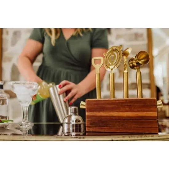 6pc Stainless Steel Sidecar Bar Tool Set - Picnic Time: Barware Set with Storage Case, Brass Plated Finish image {6}