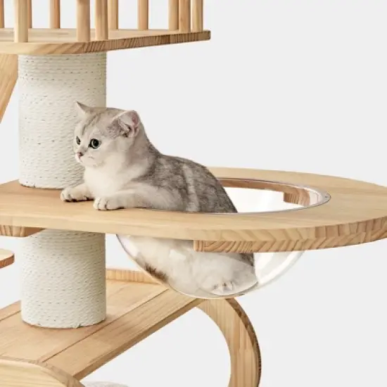 Modern Wooden Cat Tower,Beige,43.3" W &times; 23.62" D &times; 76.38" H image {2}
