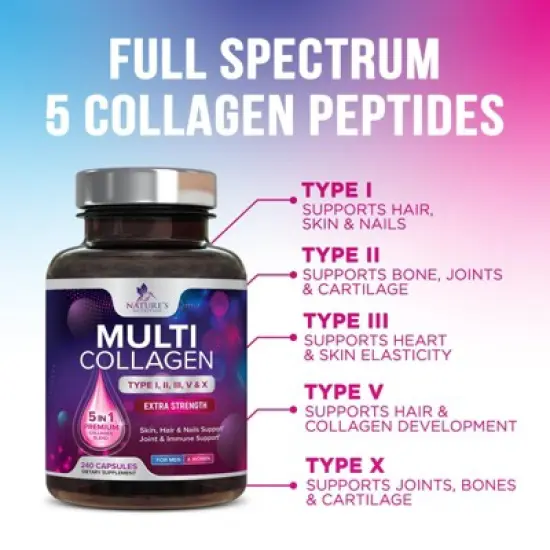 Multi Collagen Supplement, Type I, II, III, V, X Collagen Pills, Collagen Supplements, Hair, Skin, Nail & Joint - 240 Capsules By Nature's Nutrition image {2}