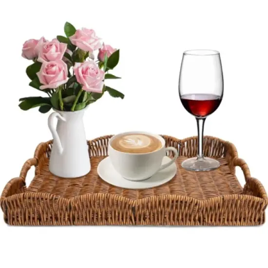 BRINJOY Scalloped Rectangular Woven Tray - Synthetic Rattan Coffee Table Tray with Handles image {5}