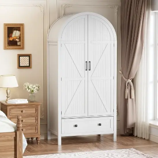 PAKASEPT 70.9&lsquo;&rsquo; Arched Wooden Armoire Wardrobe Closet with Drawers and Fluted Doors, with Light & Shelves and Hanging Rod, White image {4}