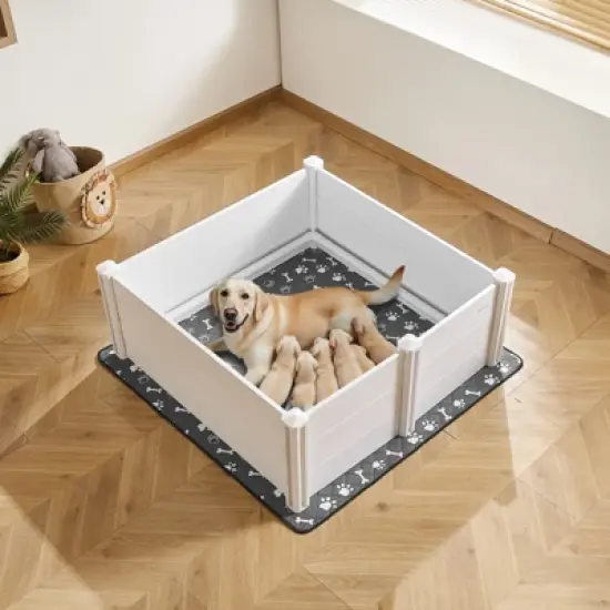 VEVOR Dogs Whelping Box, 48 x 48 x 18.1 inch, Plastic PVC Puppies Playpen with Height Adjustable Door and Washable Pee Pad, Milk White image {1}