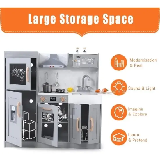 Play Kitchen for Kids, Wooden Play Kitchen with Toy Storage System image {2}
