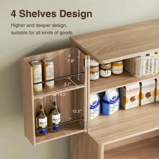 70.1" Tall Fluted Pantry Cabinet, Kitchen Storage Cupboard with Countertop for Microwave, Natural Wood image {4}