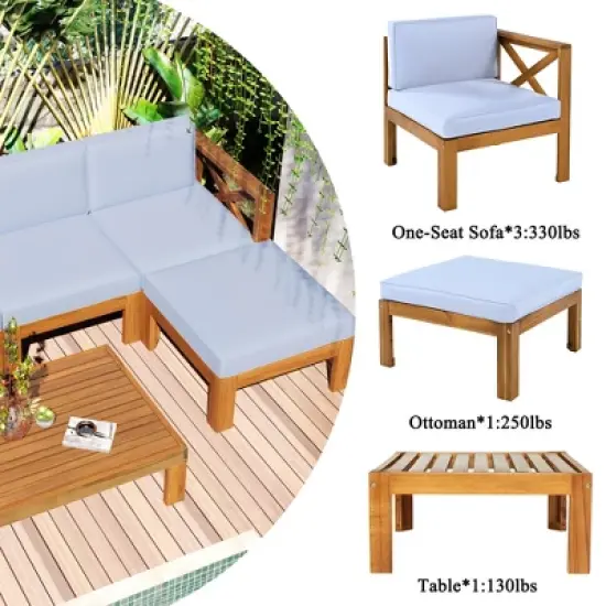 FIONECA 5-Piece Outdoor Wooden Sectional Sofa Set with Cushions &uml;C Natural Finish Frame & Gray Cushions, Patio/Backyard Seating Group image {5}